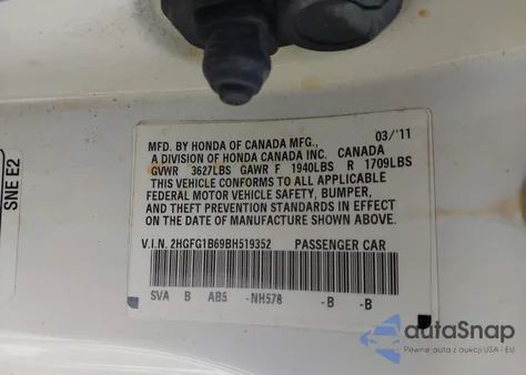 2011 Honda Civic Lx из США, поврежденный, VIN 2HGFG1B69BH519352